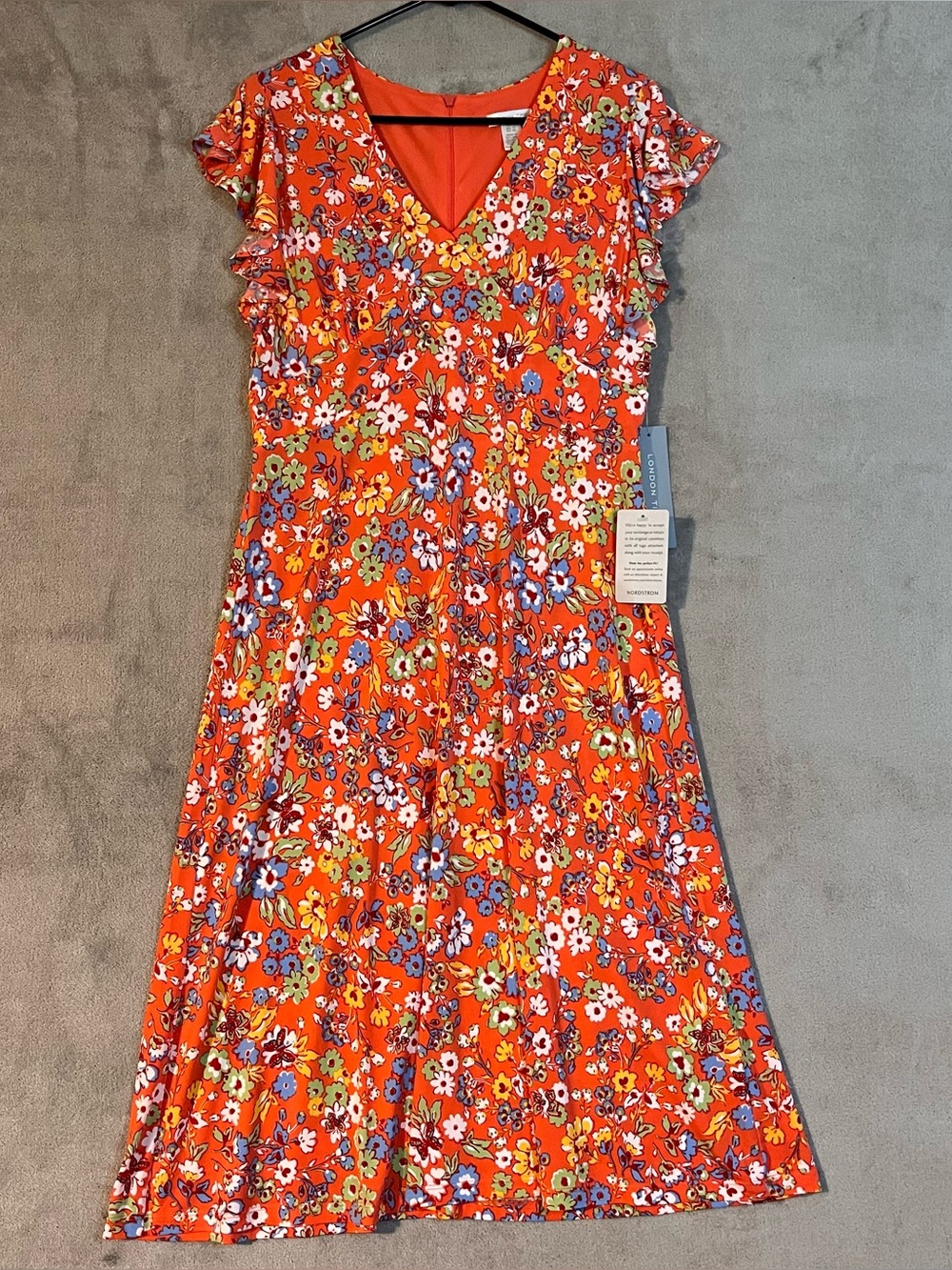 London Times Orange Ditzy Floral V-Neck Midi Dress Womens Sz 8
